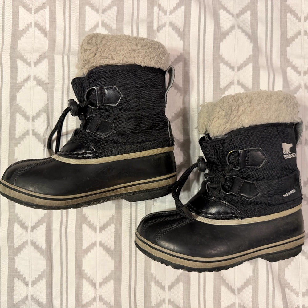 Sorel Black and Cream Kids Snow Boots